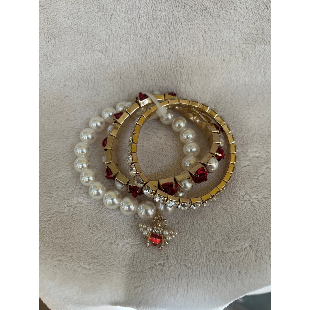 Gold Tone Stretch Bracelet Set Faux Pearl Bee Charm Red Rose Crystal 3 Piece